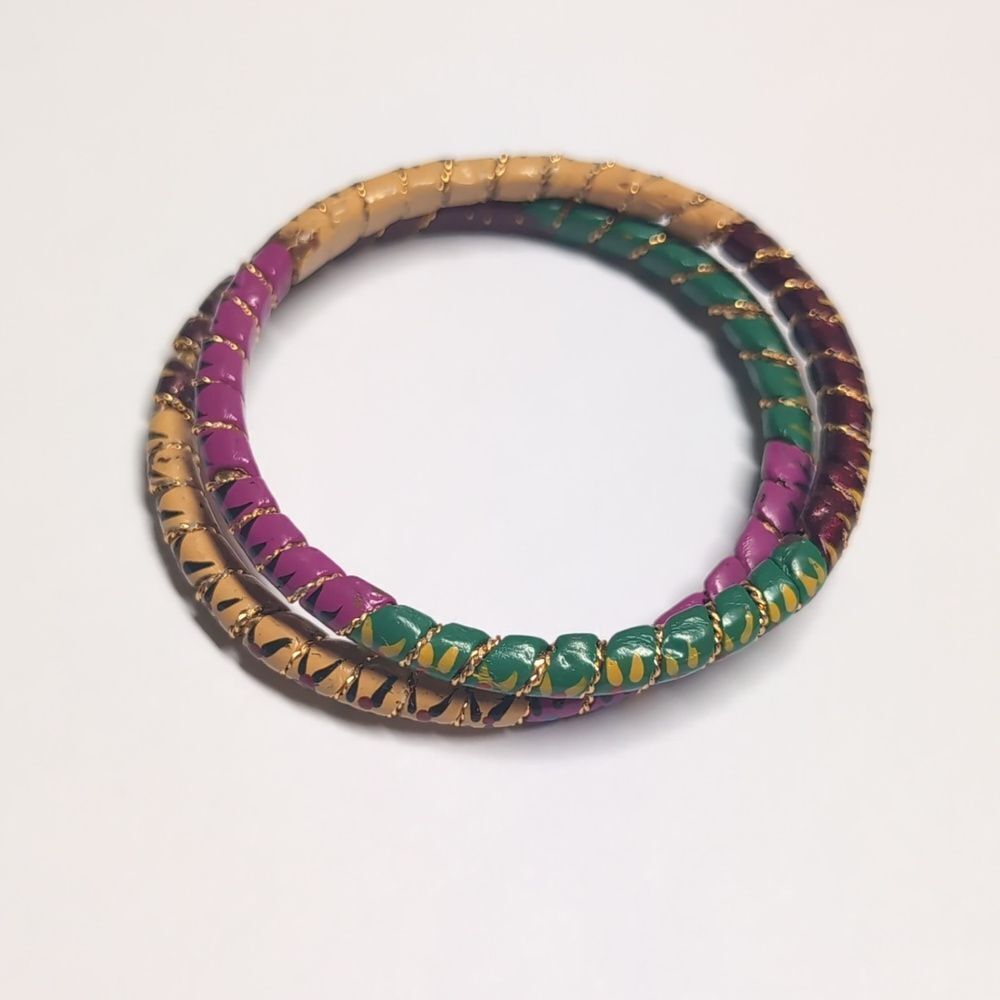 Set of 2 Gold Multicolor Floral Painted Indian‎ Metal Bangle Bracelets